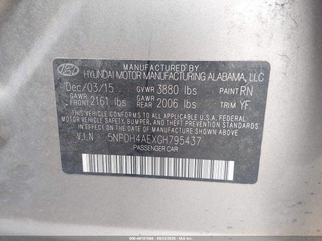 Продаж на аукціоні авто 2016 Hyundai Elantra Se, vin: 5NPDH4AEXGH795437, номер лоту: 46197868