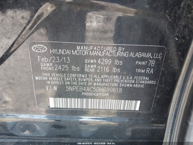 Aukcja sprzedaży 2013 Hyundai Sonata Gls Pzev, vin: 5NPEB4AC5DH699618, numer aukcji: 46197870