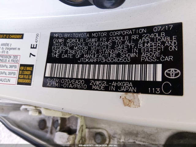 Aukcja sprzedaży 2017 Toyota Prius Prime Premium, vin: JTDKARFP3H3040503, numer aukcji: 46197871
