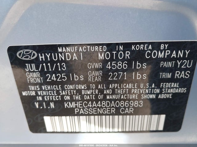 2013 Hyundai Sonata Hybrid მანქანა იყიდება აუქციონზე, vin: KMHEC4A48DA086983, აუქციონის ნომერი: 46197890