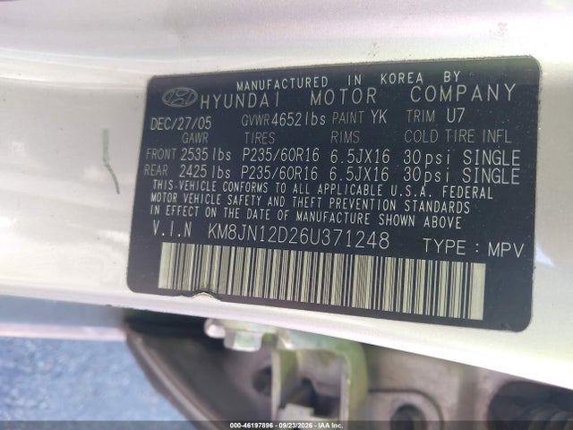 Aukcja sprzedaży 2006 Hyundai Tucson Gls/limited, vin: KM8JN12D26U371248, numer aukcji: 46197896