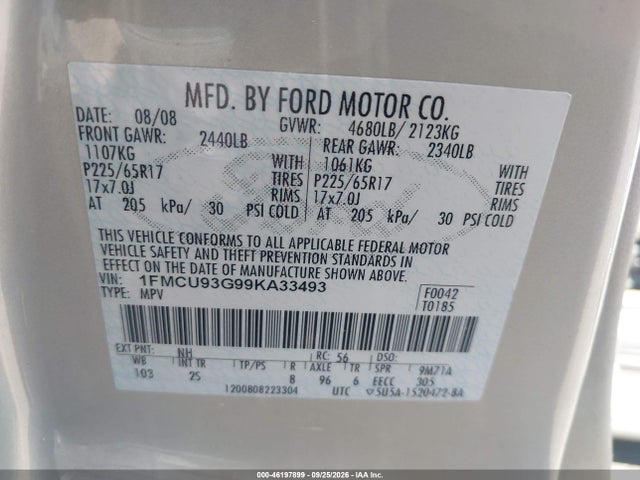 Aukcja sprzedaży 2009 Ford Escape Xlt, vin: 1FMCU93G99KA33493, numer aukcji: 46197899