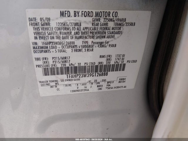 2009 Ford Taurus Se მანქანა იყიდება აუქციონზე, vin: 1FAHP23W39G126888, აუქციონის ნომერი: 46197943