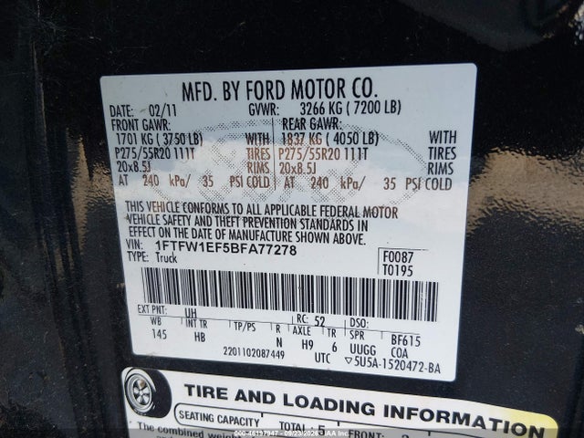 2011 Ford F-150 Lariat მანქანა იყიდება აუქციონზე, vin: 1FTFW1EF5BFA77278, აუქციონის ნომერი: 46197947