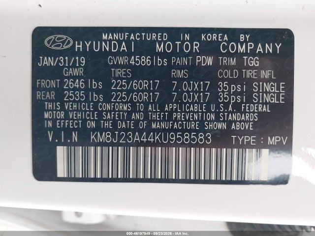 Продаж на аукціоні авто 2019 Hyundai Tucson Se, vin: KM8J23A44KU958583, номер лоту: 46197949