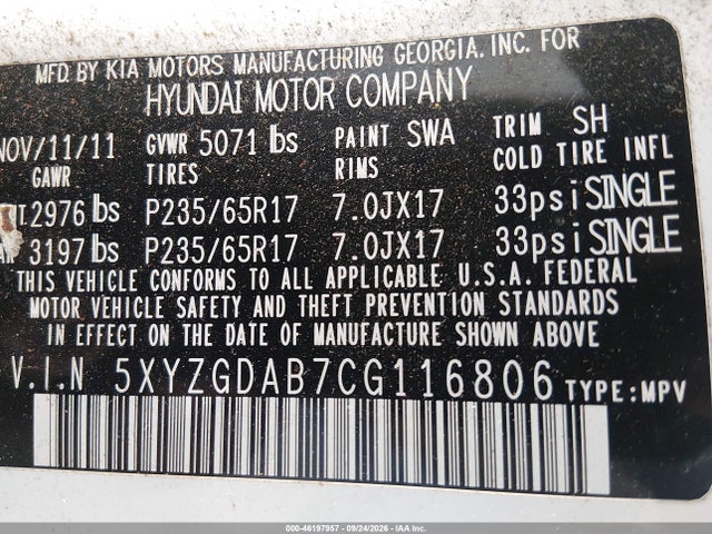 2012 Hyundai Santa Fe Gls მანქანა იყიდება აუქციონზე, vin: 5XYZGDAB7CG116806, აუქციონის ნომერი: 46197957