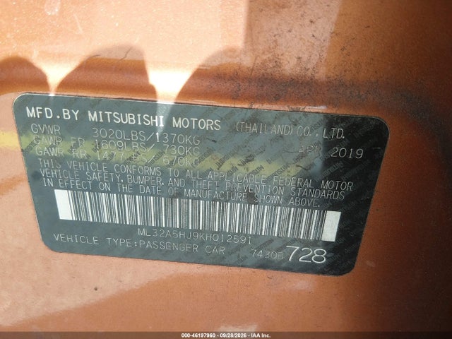 Продажа на аукционе авто 2019 Mitsubishi Mirage Le, vin: ML32A5HJ9KH012591, номер лота: 46197960