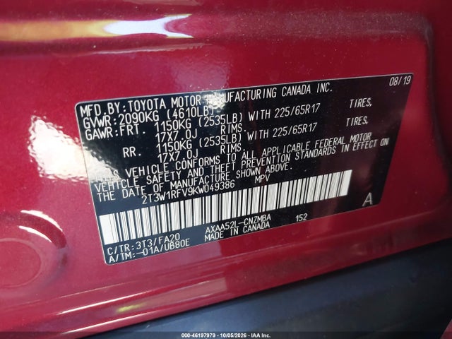 2019 Toyota Rav4 Xle მანქანა იყიდება აუქციონზე, vin: 2T3W1RFV9KW049386, აუქციონის ნომერი: 46197979