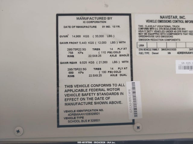 Aukcja sprzedaży 2014 Ic Corporation 3000 Re, vin: 4DRBWAAN1EB329501, numer aukcji: 46197996
