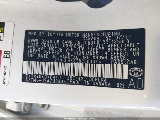 Aukcja sprzedaży 2011 Toyota Corolla, vin: 2T1BU4EE3BC661345, numer aukcji: 46198000