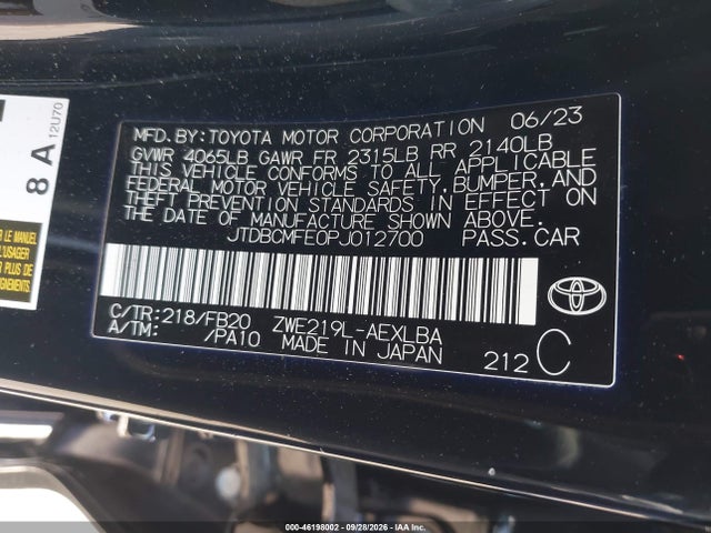 46198002 :رقم المزاد ، JTDBCMFE0PJ012700 vin ، 2023 Toyota Corolla Hybrid Le مزاد بيع