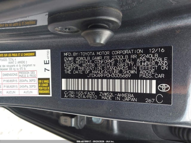 2017 Toyota Prius Prime Plus მანქანა იყიდება აუქციონზე, vin: JTDKARFP0H3005689, აუქციონის ნომერი: 46198017