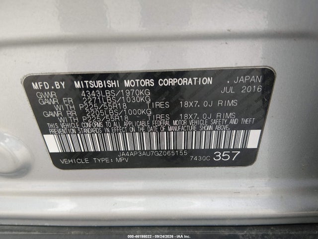 Aukcja sprzedaży 2016 Mitsubishi Outlander Sport 2.0 Es, vin: JA4AP3AU7GZ065155, numer aukcji: 46198022