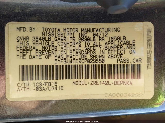 Продаж на аукціоні авто 2012 Toyota Corolla Le, vin: 5YFBU4EE9CP029550, номер лоту: 46198042