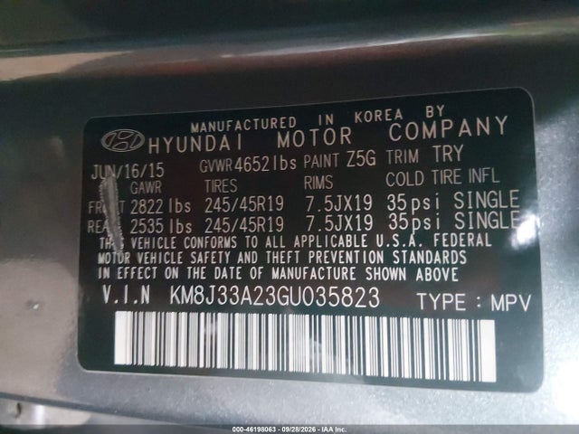 2016 Hyundai Tucson Limited მანქანა იყიდება აუქციონზე, vin: KM8J33A23GU035823, აუქციონის ნომერი: 46198063