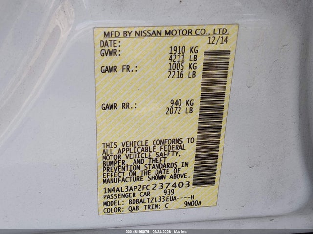 Nissan Altima 2.5 Sl 2015 1N4AL3AP2FC237403 Image 9