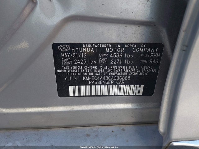 2012 Hyundai Sonata Hybrid მანქანა იყიდება აუქციონზე, vin: KMHEC4A48CA036888, აუქციონის ნომერი: 46198082