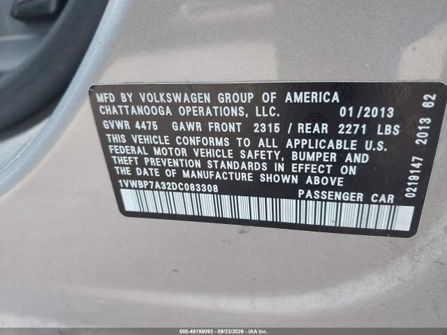 Продаж на аукціоні авто 2013 Volkswagen Passat 2.5l Se, vin: 1VWBP7A32DC083308, номер лоту: 46198093