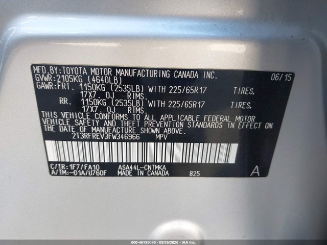 Aukcja sprzedaży 2015 Toyota Rav4 Xle, vin: 2T3RFREV3FW346966, numer aukcji: 46198095
