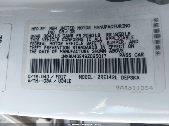 2009 Toyota Corolla S მანქანა იყიდება აუქციონზე, vin: 1NXBU40E49Z095017, აუქციონის ნომერი: 46198097