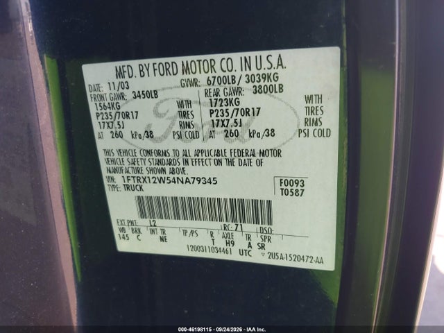 2004 Ford F-150 Stx/xl/xlt მანქანა იყიდება აუქციონზე, vin: 1FTRX12W54NA79345, აუქციონის ნომერი: 46198115