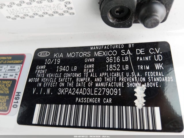 46198122 :رقم المزاد ، 3KPA24AD3LE279091 vin ، 2020 Kia Rio S مزاد بيع