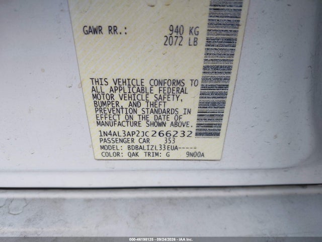 1N4AL3AP2JC266232 Nissan Altima 2.5 Sv