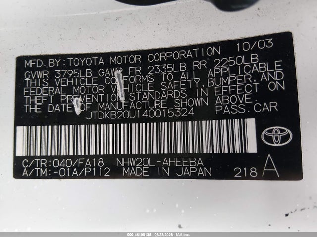 46198135 :رقم المزاد ، JTDKB20U140015324 vin ، 2004 Toyota Prius مزاد بيع