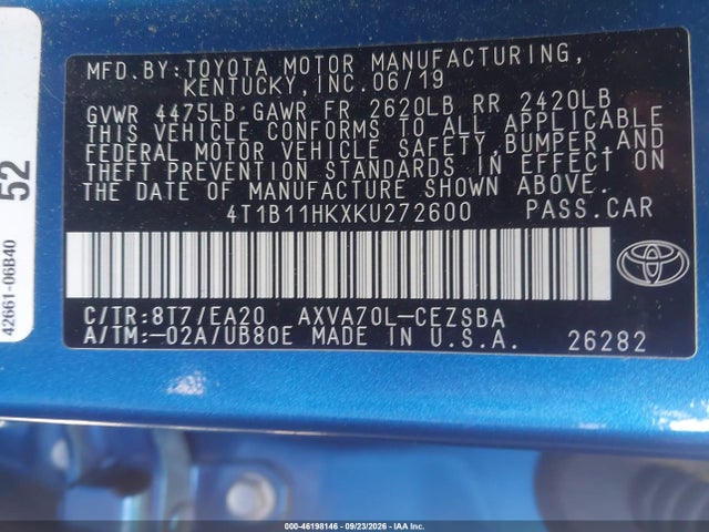 Продаж на аукціоні авто 2019 Toyota Camry Se, vin: 4T1B11HKXKU272600, номер лоту: 46198146