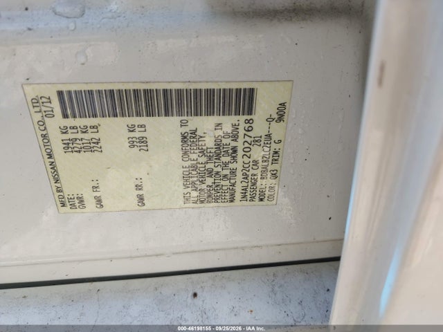 Aukcja sprzedaży 2012 Nissan Altima 2.5 S, vin: 1N4AL2AP2CC202768, numer aukcji: 46198155