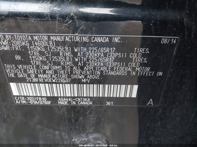 46198167 :رقم المزاد ، 2T3BFREV0EW228597 vin ، 2014 Toyota Rav4 Le مزاد بيع