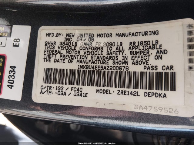 2010 Toyota Corolla Le მანქანა იყიდება აუქციონზე, vin: 1NXBU4EE5AZ200676, აუქციონის ნომერი: 46198172