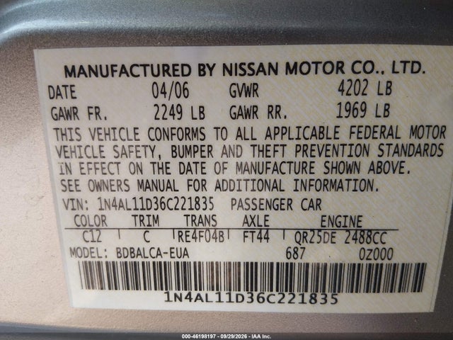 Продаж на аукціоні авто 2006 Nissan Altima 2.5 S, vin: 1N4AL11D36C221835, номер лоту: 46198197