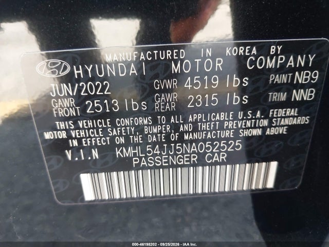 2022 Hyundai Sonata Hybrid Limited მანქანა იყიდება აუქციონზე, vin: KMHL54JJ5NA052525, აუქციონის ნომერი: 46198202