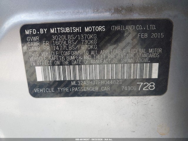 2015 Mitsubishi Mirage De მანქანა იყიდება აუქციონზე, vin: ML32A3HJ7FH044823, აუქციონის ნომერი: 46198207