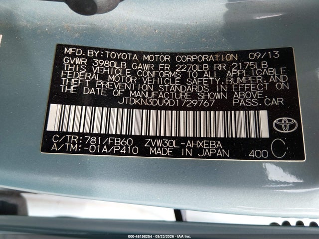 46198254 :رقم المزاد ، JTDKN3DU9D1729767 vin ، 2013 Toyota Prius Two مزاد بيع
