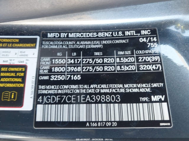 Aukcja sprzedaży 2014 Mercedes-benz Gl-class Gl 450, vin: 4JGDF7CE1EA398803, numer aukcji: 46198257