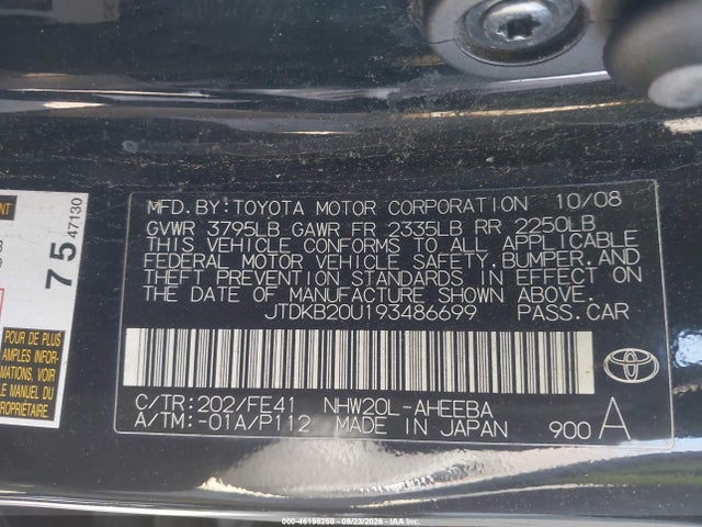 46198258 :رقم المزاد ، JTDKB20U193486699 vin ، 2009 Toyota Prius مزاد بيع