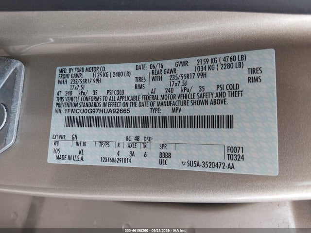 Продаж на аукціоні авто 2017 Ford Escape Se, vin: 1FMCU0G97HUA92665, номер лоту: 46198260
