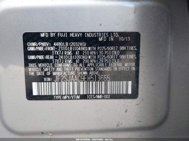 Aukcja sprzedaży 2014 Subaru Forester 2.5i, vin: JF2SJAAC9EH513665, numer aukcji: 46198265
