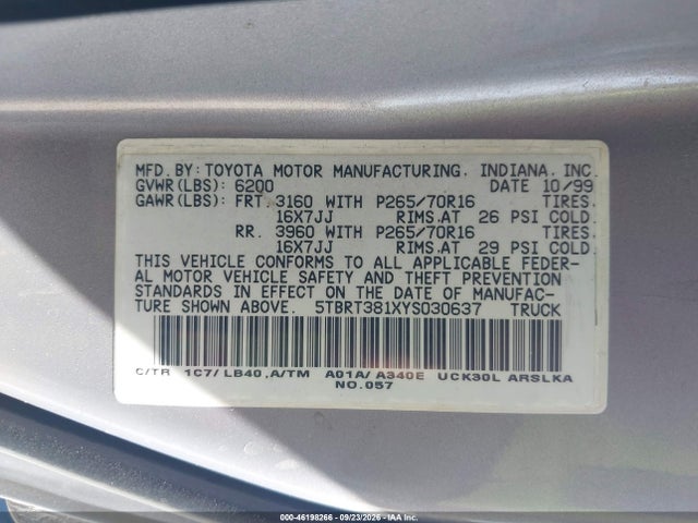 46198266 :رقم المزاد ، 5TBRT381XYS030637 vin ، 2000 Toyota Tundra Limited مزاد بيع