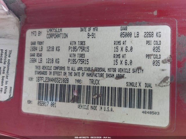 Продажа на аукционе авто 1992 Dodge Dakota, vin: 1B7FL23X4NS521028, номер лота: 46198279