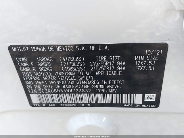 3CZRU6H34NM723832 Honda Hr-v Awd Lx