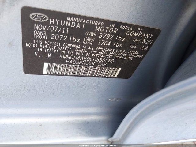 Продажа на аукционе авто 2012 Hyundai Elantra Limited (ulsan Plant), vin: KMHDH4AE0CU356260, номер лота: 46198290