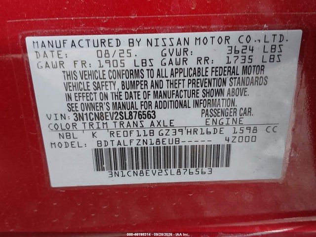 46198314 :رقم المزاد ، 3N1CN8EV2SL876563 vin ، 2025 Nissan Versa 1.6 Sv مزاد بيع