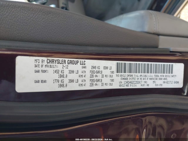 2012 Dodge Durango Sxt მანქანა იყიდება აუქციონზე, vin: 1C4RDHAG2CC252017, აუქციონის ნომერი: 46198339