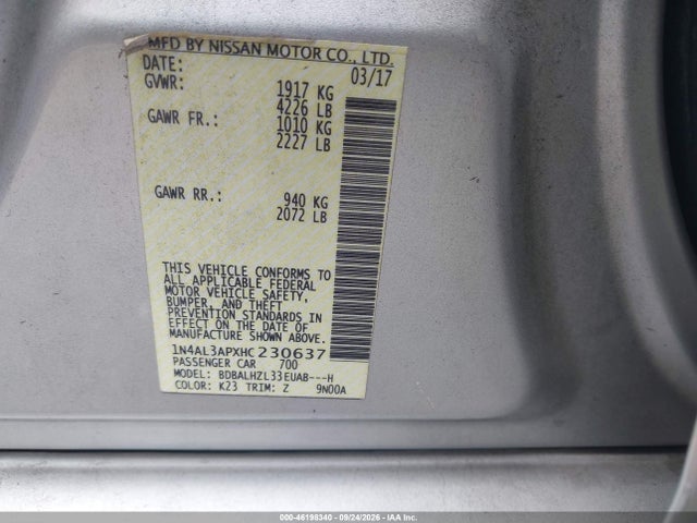 46198340 :رقم المزاد ، 1N4AL3APXHC230637 vin ، 2017 Nissan Altima 2.5 Sr مزاد بيع