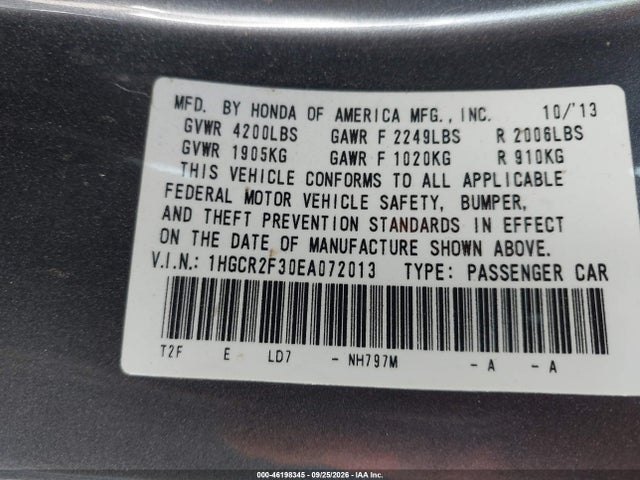 2014 Honda Accord Lx მანქანა იყიდება აუქციონზე, vin: 1HGCR2F30EA072013, აუქციონის ნომერი: 46198345