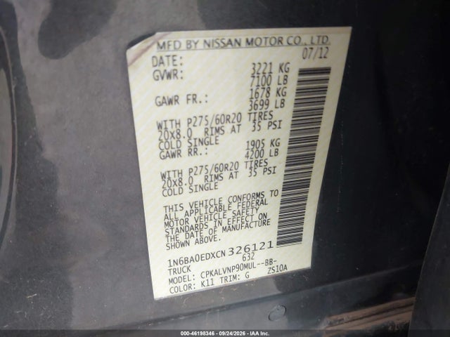 2012 Nissan Titan Sl მანქანა იყიდება აუქციონზე, vin: 1N6BA0EDXCN326121, აუქციონის ნომერი: 46198346