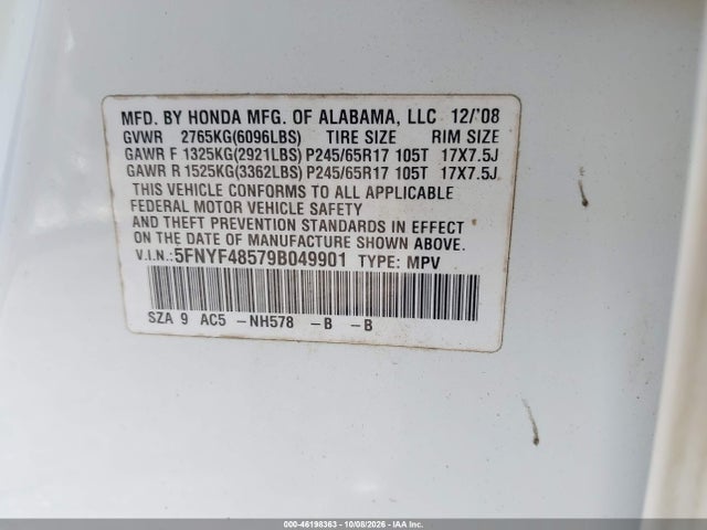 2009 Honda Pilot Ex-l მანქანა იყიდება აუქციონზე, vin: 5FNYF48579B049901, აუქციონის ნომერი: 46198363